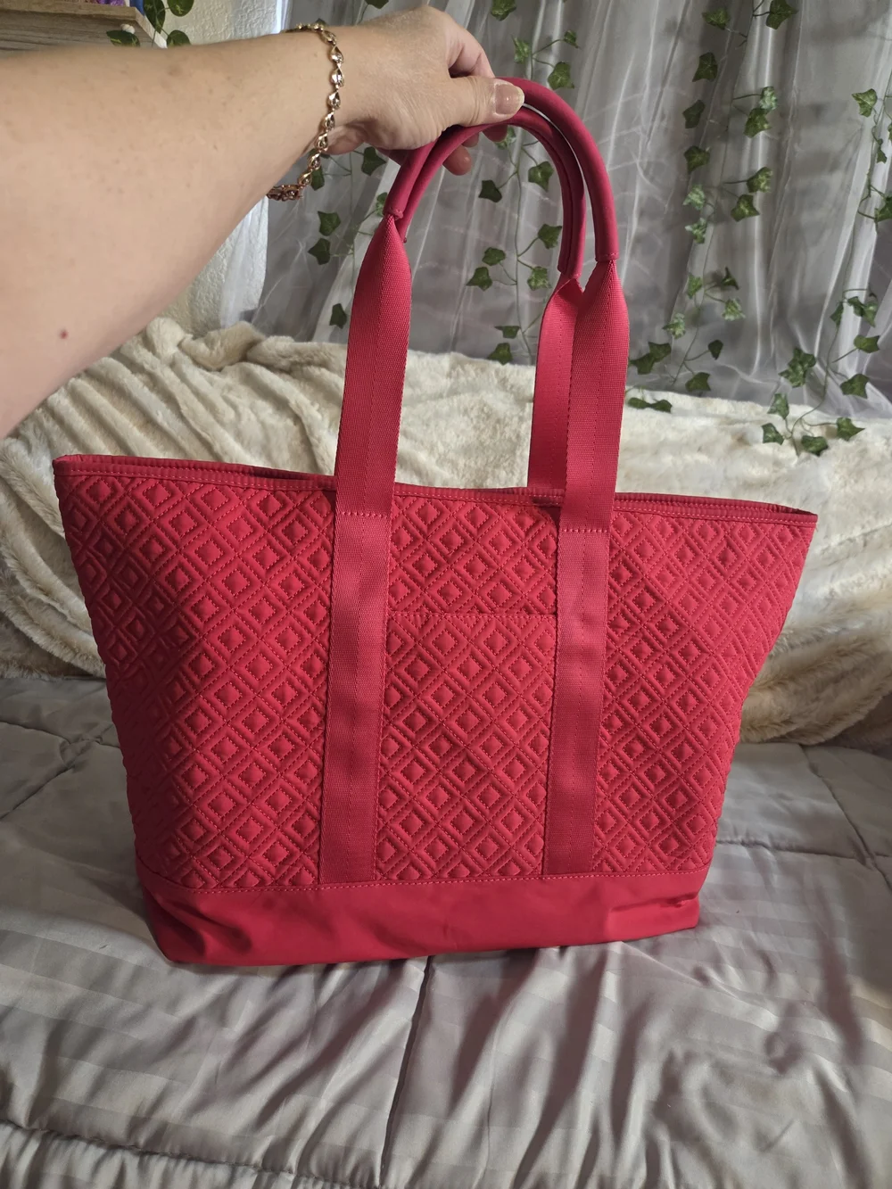 Tory Burch Quilted Logo Tote in Hot Pink/Cerise